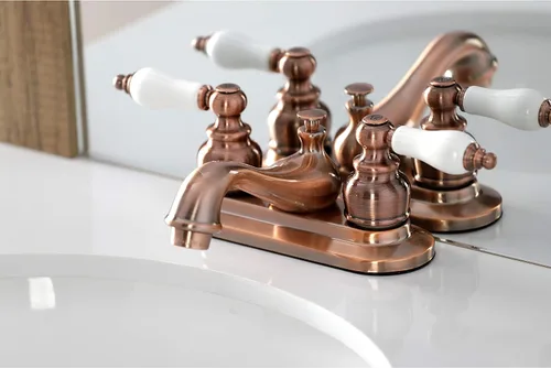 Vista 6 de Kingston Brass KB606PL Restoration - Grifo de baño tipo centerset de 4 pulgadas, cobre antiguo