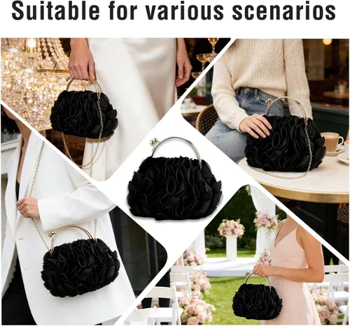 Vista 2 de Bolso de mano de noche para mujer, monederos de satén floral con cadena para bodas, fiestas, bailes de graduación Floral, Satin, with Chain, for