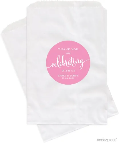 Vista 27 de Andaz Press Bolsas de regalo personalizadas para mesa de postre, agradecimiento por celebrar con nosotros, aguamarina, paquete de 24, personalizadas