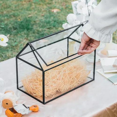 Vista 4 de NCYP - Caja de tarjetas de vidrio con tapa para micro boda, cumpleaños, recepción de fiesta, 10.2 x 5.9 x 8.2 pulgadas, tarjetero con forma de casa