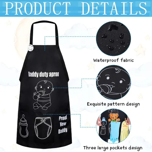 Vista 5 de 7 piezas de delantal para baby shower, regalos para papá nuevo, divertido delantal negro para baby shower, primer papá para ser regalo del día