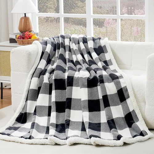 Vista 24 de PU MEI Manta Sherpa Individual a Cuadros Gruesa para Cama, 60"*80" Franela Súper Suave Difusa Forro Polar Reversible Terciopelo Afelpado Manta