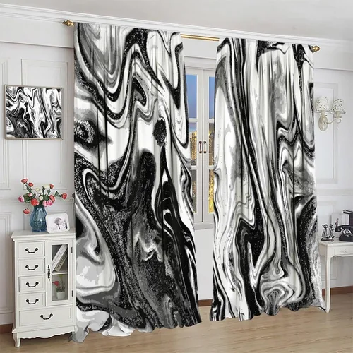 Vista 5 de Cortinas opacas con estampado abstracto de mármol en blanco y negro, para dormitorio, cafetería, comedor, oficina, sala de estar, cocina, 42 x 45