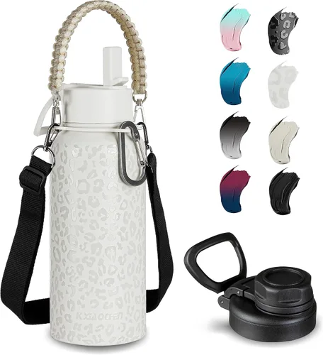Vista 32 de KXIAOCHEN Botella de agua aislada, botella de agua de acero inoxidable, 2 tapas (con pajilla y tapa con asa), botellas de agua metálicas de boca