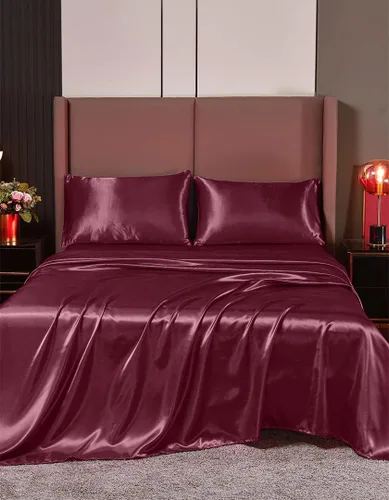 Vista 23 de Juego de sábanas de satén de seda de 4 piezas Sábana bajera Sábana encimera Funda de almohada Calidad de hotel sedoso suave y lujoso