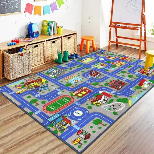 Vista 10 de Capslpad Alfombra Azul de Coche y Carretera para Niños, Alfombra de Juego para Sala de Juegos, Alfombra Antideslizante Lavable con Mapa de la Ciudad