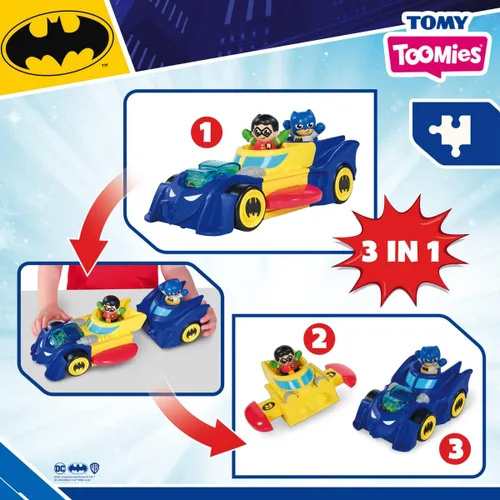 Vista 5 de Toomies DC Comics Batman E73262 - Vehículo 3 en 1 que se transforma en mini batmobile y chorro, efecto de estallido del motor, tracción del volante