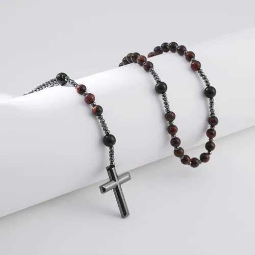 Vista 2 de Yumikoo Collar de cuentas de rosario de crucifijo de Jesús para hombres y mujeres, collar de cruz de hematita y ágata negra mate