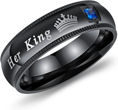 Vista 2 de Conjunto de 2 anillos negros de acero inoxidable para parejas, de compromiso, de boda, frase en inglés His Queen y Her King