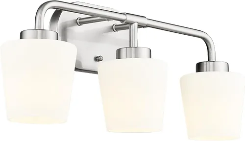 Vista 16 de AD-22004-2W-SN - Lámparas de baño sobre espejo, 2 luces de níquel cepillado con vidrio blanco leche, apliques de pared vintage de granja