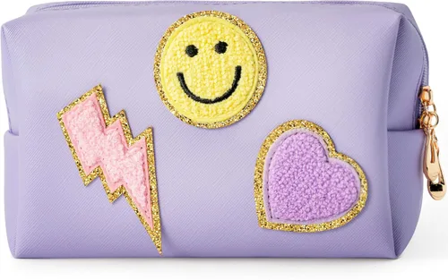 Vista 13 de LieToi - Bolsa de aseo pequeña con parche preparado, sonrisa, relámpago, corazón, arcoíris, de piel sintética, bolsa de maquillaje impermeable Azul