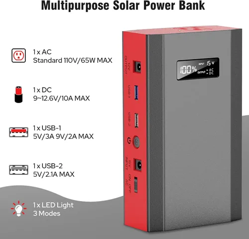 Vista 4 de Banco de energía solar con salida de CA 110 V 65 W, 100 W, USB C de 100 W, batería de carga rápida con panel de cargador solar de 30 W, plegable