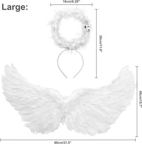 Vista 5 de Alas de ángel, alas de ángel iluminadas y halo con luces LED, disfraz de alas de ángel blancas para adultos, mujeres, niños, Halloween, Navidad