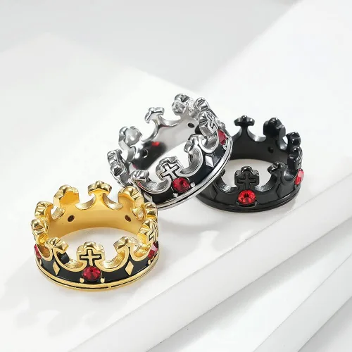 Vista 3 de Royal King Knight - Anillo de corona de caballero para hombres y mujeres, anillos de acero inoxidable gruesos con cruz religiosa, anillos cristianos