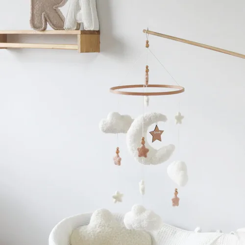 Vista 3 de Móvil para cuna Cloud para niñas y niños, Boucle Cloud Baby Mobile para cuna Neutral Boho Nursery Mobile, estrellas y luna Marrón (Coffee 3)