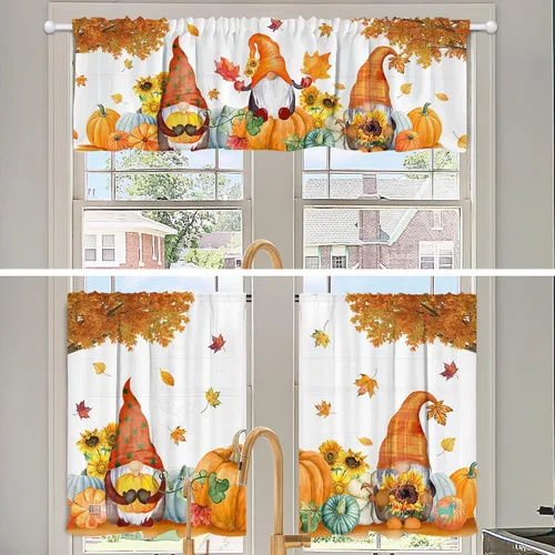 Vista 4 de pinata Juego de 3 cortinas de otoño para cocina, cenefa de cortinas de ventana de Acción de Gracias, cortina escalonada con bolsillo para barra
