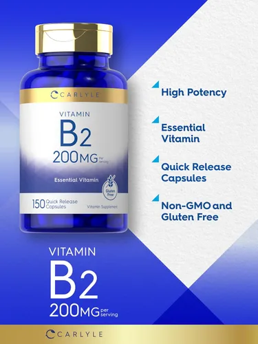 Vista 4 de Carlyle Vitamina B2 200 mg 150 unidades Riboflavina Suplemento esencial sin OMG y sin gluten