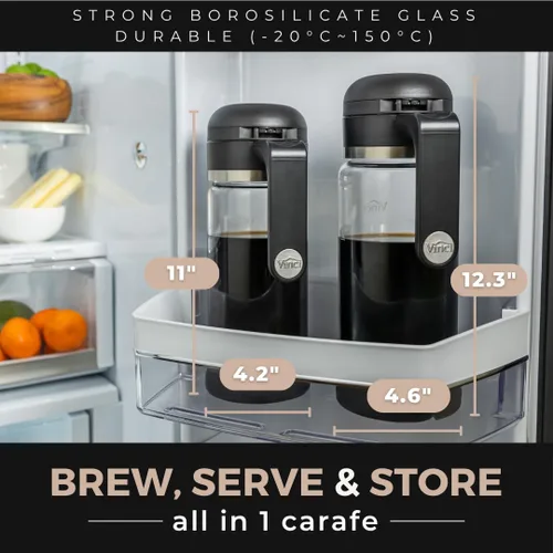 Vista 5 de VINCI Cold Brew 360, Cafetera de Café Frío de Vidrio con Tecnología de Preparación de Doble Filtro 360 Patentada, Preparación Fría para Café Helado