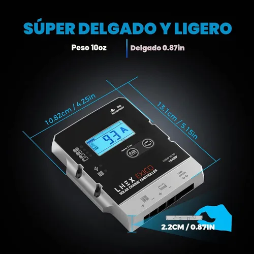 Vista 4 de LNEX Controlador de carga solar impermeable, regulador inteligente de batería de panel súper delgado 10A con pantalla LCD 12V/24V Controlador PWM