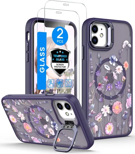 Vista 12 de Dretal Magnético para iPhone 11 Pro, Funda Floral, Protector de Pantalla, Anillo de Lente Integrado, Soporte, Protección de Grado Militar, Funda