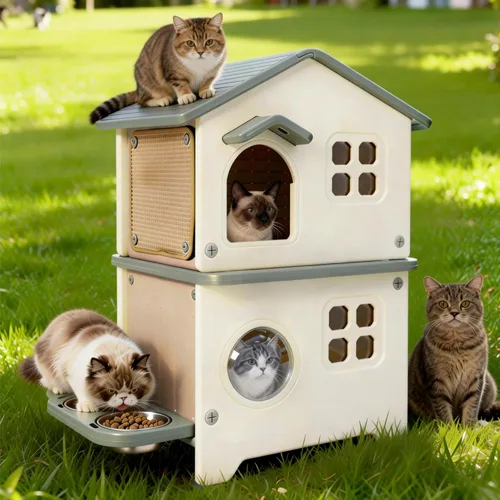 Vista 8 de Casa aislada para gatos al aire libre resistente a la intemperie para gatos múltiples felinos, refugio elevado de plástico de 2 pisos con puerta