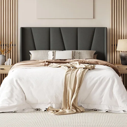 Vista 10 de Allewie Base de cama de plataforma tamaño Queen con cabecera geométrica con respaldo de alas, cama tapizada bohemia con soporte de listones de Beige