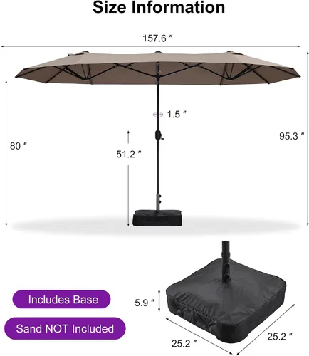 Vista 111 de PURPLE LEAF - Sombrilla de mercado de patio de 13 pies con base rectangular doble cara, sombrilla de mesa para exteriores con manivela, 12 varillas