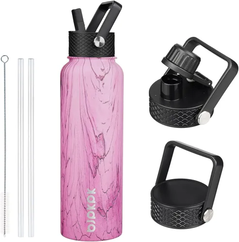 Vista 117 de BJPKPK Botellas de Agua Aisladas con Tapa de Pajita, Botella de Agua de Acero Inoxidable de 18oz, Termo Frío Caliente con 3 Tapas, Vaso de Viaje a