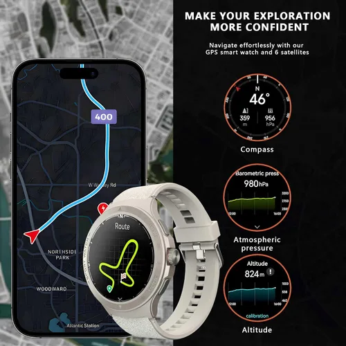 Vista 2 de Reloj inteligente militar con monitor de frecuencia cardíaca, brújula, linterna, GPS, reloj inteligente de 1.43 pulgadas con más de 170 modos