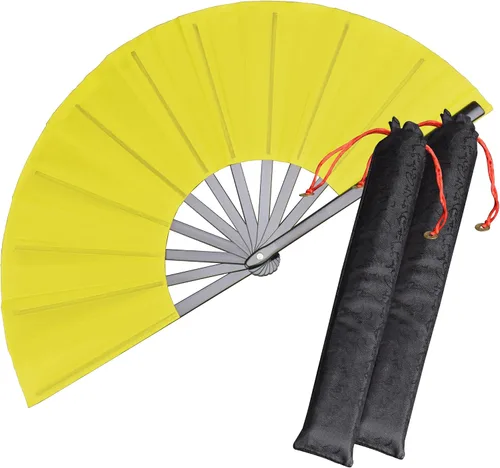 Vista 9 de Paquete de 2 ventiladores de mano plegables grandes, ventilador chino negro de Kung Fu Tai Chi, abanicos de tela de nailon para hombres y mujeres