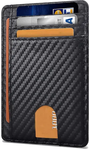 Vista 2 de Cartera delgada minimalista de cuero para tarjetas de crédito RFID bloqueo con ventana de identificación