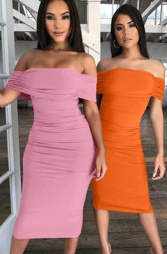 Vista 8 de GOBLES Vestido elegante de cóctel para mujer, fruncido, hombros desnudos, manga corta, ajustado, largo hasta pantorrillas, para fiesta