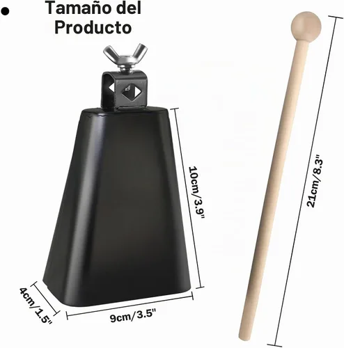 Vista 3 de Instrumento de cencerro de acero de 4 pulgadas con palo Música Campana de vaca fabricantes de ruido Metal Musical mano Percusión Negro Vaca
