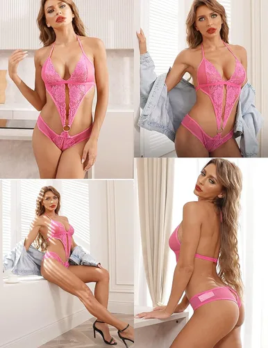 Vista 3 de Avidlove Lencería de encaje en V profundo para mujer, babydoll de una pieza