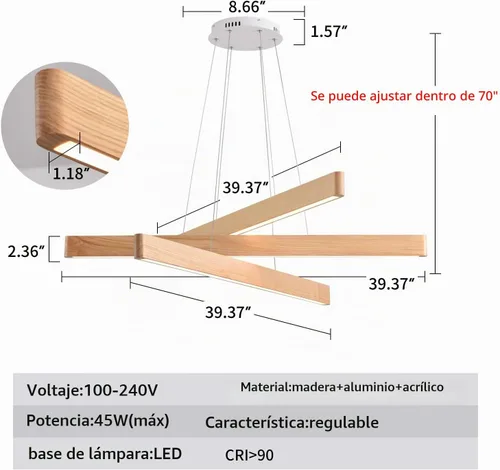 Vista 2 de Lámpara colgante lineal natural de madera maciza de 3 luces, moderna lámpara colgante LED regulable, candelabro para mesa de comedor, isla