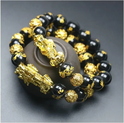Vista 2 de Pulseras para hombre, pulsera de riqueza, pulsera de Feng Shui Pi Xiu, cuentas de piedra, obsidiana negra, para hombres y mujeres, pulsera