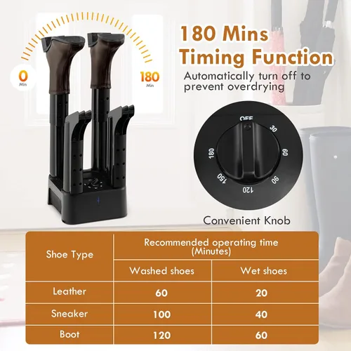 Vista 4 de Safstar - Secadora eléctrica de zapatos, secadora de botas de zapatos de 4 tubos con soplador de calor, temporizador de 180 minutos, protección
