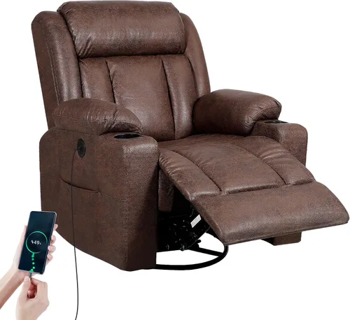 Vista 9 de LEVELEVE Silla reclinable mecedora, silla reclinable de masaje con masaje por vibración y calor, sillas giratorias de piel sintética de 360°, sala
