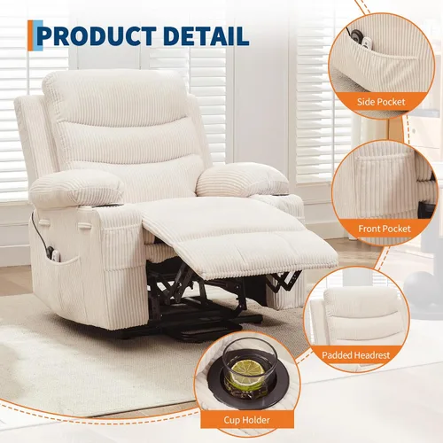Vista 3 de Silla reclinable eléctrica para personas mayores con masaje y calor, reclinables eléctricos de gran tamaño, asiento de cine en casa con 2 portavasos