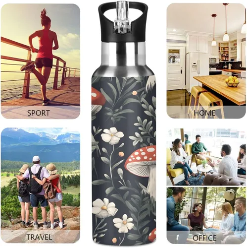 Vista 5 de Insulated Water Bottle 32 Oz, Leakproof Water Bottles for Gym Outdoor Travel School, Red Mushrooms White Flowers