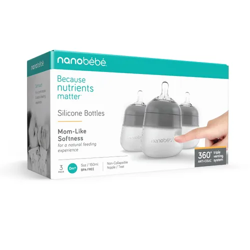 Vista 6 de Nanobebe - Biberón de silicona flexible, anticólicos, sensación natural, pezón que no se derrumba, base estable sin puntas, fácil de limpiar Gris