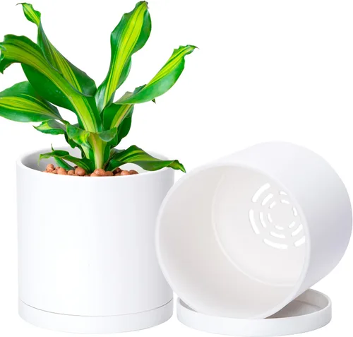 Vista 16 de D'vine Dev - Paquete de 2 macetas de plástico modernas de 4 pulgadas, pequeñas macetas de jardín para plantas con orificios de drenaje y platillos