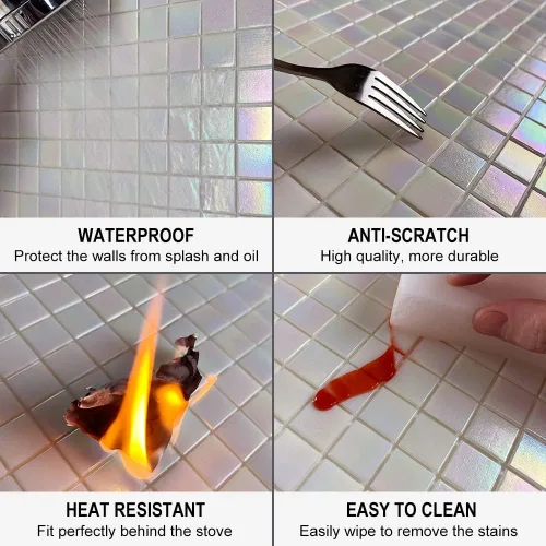 Vista 4 de DICOFUN 2 protectores contra salpicaduras de arcoíris blanco para despegar y pegar, azulejos de mosaico de vidrio de 6.6 x 6.6 pulgadas para cocina