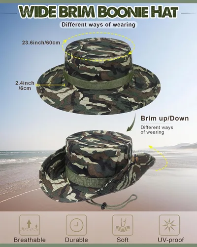 Vista 2 de Coume 6 sombreros de safari Boonie a granel de ala ancha para hombres y mujeres, gorra de camuflaje Boonie para safari militar senderismo