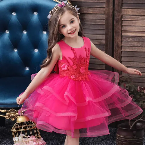 Vista 7 de Vestido de tul con flores para niñas pequeñas, vestido formal de fiesta de cumpleaños, vestido de fiesta de lentejuelas para desfiles, vestido tutú