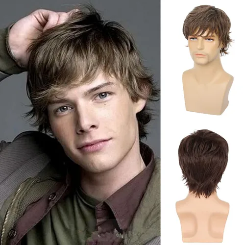 Vista 19 de Peluca negra corta y rizada para hombre, peluca sintética para cosplay, con gorra de peluca