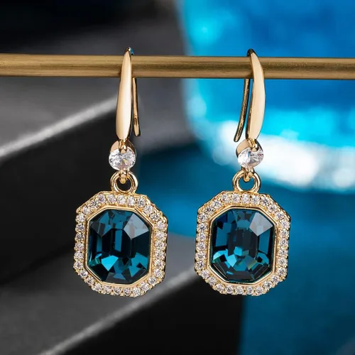 Vista 4 de Aretes colgantes octagonales con halo de cristal austriaco para mujer, chapados en oro rosa de 14 quilates, joyería hipoalergénica, regalos