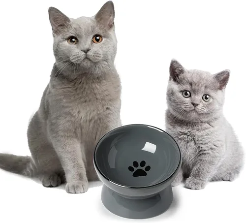 Vista 5 de ONTUBE Cuenco elevado de cerámica para gatos, 10 oz (gris)