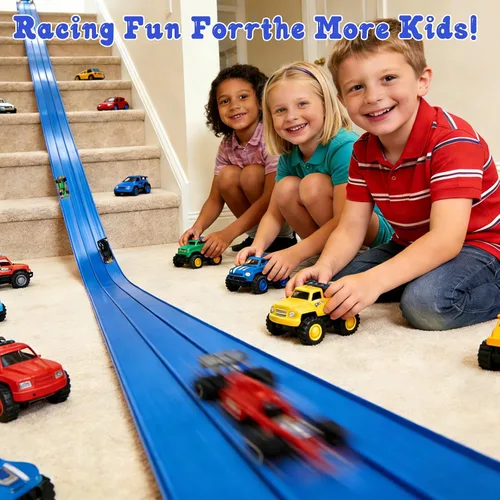 Vista 8 de Pista de carreras de 16.4 pies, pista de carreras flexible de 3 carriles para niños, compatible con autos a escala 1/64 fundidos a presión con 6