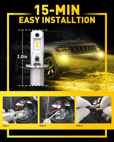 Vista 4 de AUXITO Bombillas LED antiniebla H3 3000K amarillas, súper penetración, tamaño 1:1 mini, plug n play, bombilla LED H3ll para lámpara antiniebla, DRL